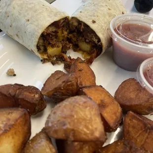 Breakfast burrito with rosemary garlic potatoes