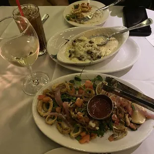 Calamari and mushrooms for appetizers