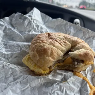 Egg, sausage, cheese croissant