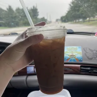 Iced coffee with almond milk, shots of espresso and caramel