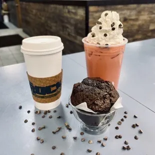 Chocolate Muffin, Iced Raspberry White Mocha Latte, &amp; Hot Caramel White Mocha Latte