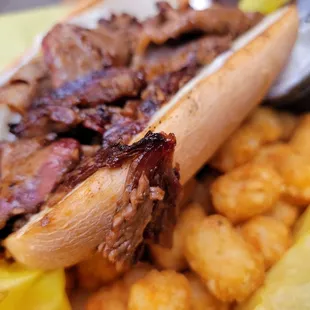 Tri-tip sandwich with tots.