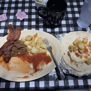 Huevos rancheros with a side of bacon