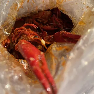 Crawfish with garlic butter sauce; hot!  in a bag (the way they&apos;re supposed to be).