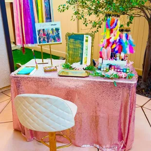 Our hair timsel,  clip-on hair feather, and glitter hair bar staion. By The RockStar Company.