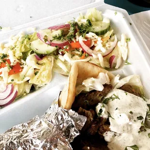 Beef gyro and Greek salad