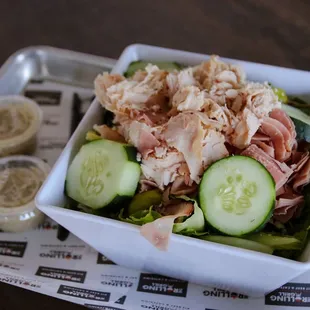 Greek Salad with split portion turkey and ham