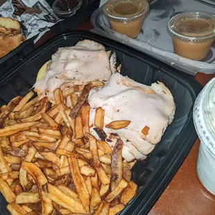 Hot turkey platter w fries and gravy on the side, to go