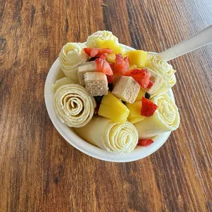 Mango Rolled ice cream with fresh fruit and cheese cake bites! Delicious!