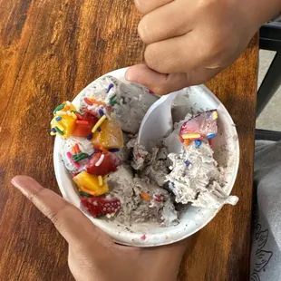 Cookies n' cream with fruit, more oreos, and sprinkles.