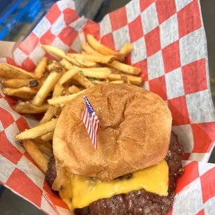 PB Burger with Garlic Fries