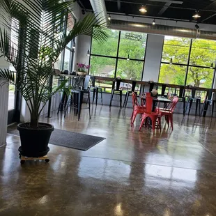 a restaurant with a large window