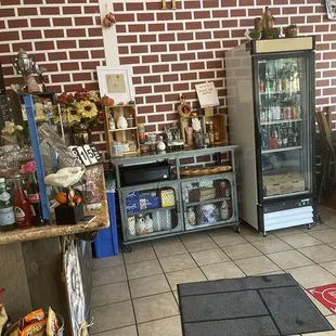 Coffee/condiment bar and beverage fridge