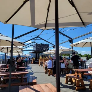 people sitting under umbrellas