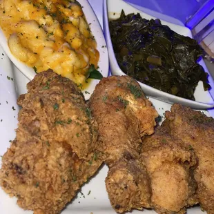 Fried Chicken, Mac-n-cheese and greens