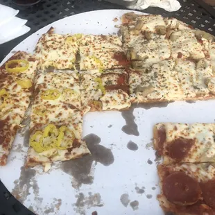 Pepperoni pizza half mushroom/half banana peppers