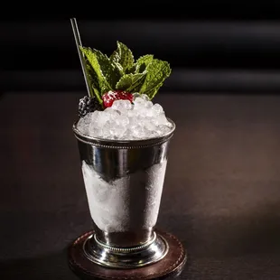 BRANDY JULEP landy vs cognac, hamilton pot still rum, mint, demerara, berries in season
