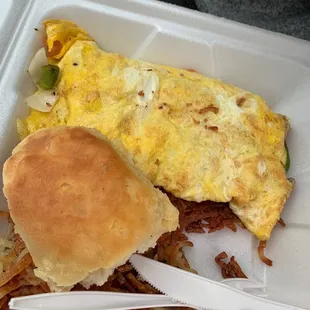 Rebel Rooster Omelet with a biscuit and hashbrowns