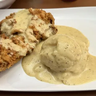 Chicken fried steak and mashed potatoes