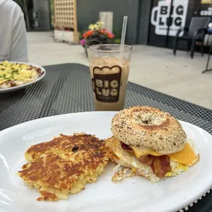 Bagel sandwich and hash brown casserole