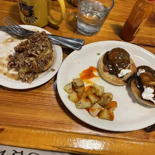 Pork Belly Egg Benedict Special with home Potatoes, Honey Pecan Sticky Bun, Bottomless House Cup