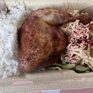 Baked chicken leg with Adobo Buttermilk Slaw and Jasmine Rice