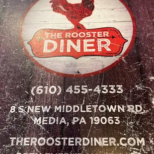 the menu for the rooster diner