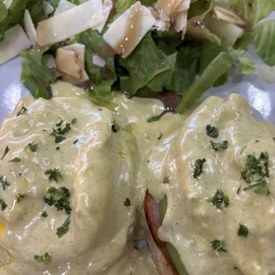 Classic Benny with salad and just a tiny hint of yellow curry in the hollandaise.