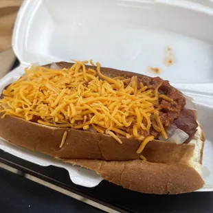 Regular size coney dog (chilli, cheese and onion). Had a slight sweet taste but overall was pretty good