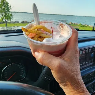 Strawberry Sunday wirh my fries dipped in it