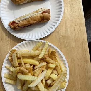 a hot dog and french fries