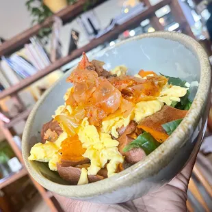 &quot;Kim&apos;s Breakfast Bowl&quot; (gluten free) -- $9 -- two fried eggs, spinach, sweet potatoes &amp; Wake Robin kimchi.