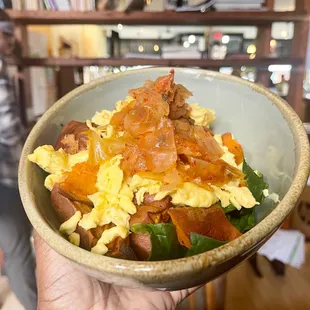 Kim&apos;s Breakfast Bowl (gluten free) -- $9 -- two fried eggs, spinach, redskin potatoes &amp; Wake Robin brand of kimchi.