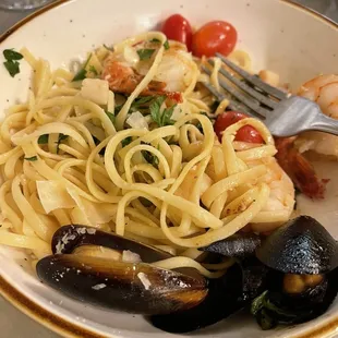 Seafood Scampi with fork to give an idea of size of serving portion.