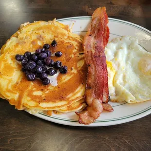 Buttermilk stack with bacon and blueberries