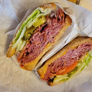 Pastrami on wheat, with cheese, peppers