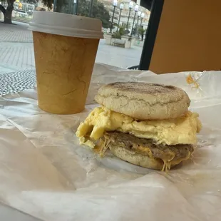 Sausage, egg, and cheese on an english muffin with French vanilla coffee.