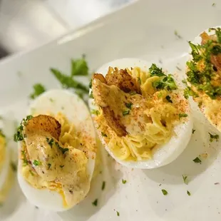 Appetizer: Cajun Deviled Eggs Topped With Blackened Shrimp