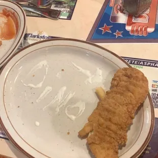 We made a Dinosaur out of chicken tenders and fries, the ranch is delicious!