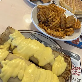 Garden Crépes, waffle fries, chicken and Chicken Waffle
