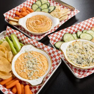 Buffalo Chicken Dip, Spinach Artichoke Dip &amp; Red Pepper Hummus
