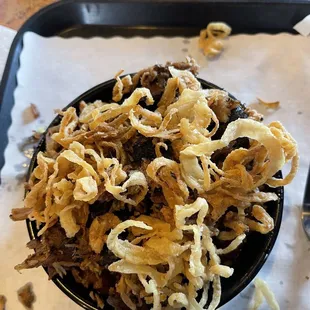 Hillbilly Bowl. Corn Bread, Beans, Pulled Pork and Onion Strings