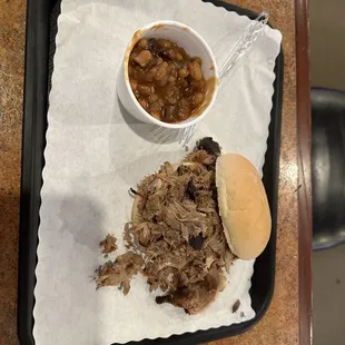 Pulled pork sandwich with award winning beans