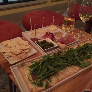 Flatbread + charcuterie board + carafe of wine = awwww yeah.