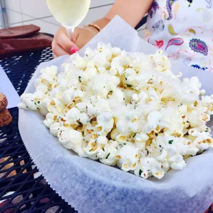 Truffle butter popcorn. Great with our bubbly.