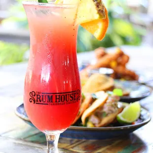 a drink and a plate of food