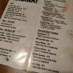 the menu of the restaurant