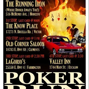 Come have fun on our very first Poker Run. Starts at Running Iron.