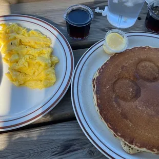 $11 pancake combo with scrambled eggs and sausages