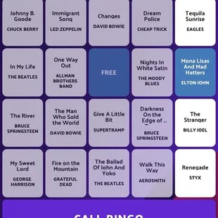 Sample music bingo card you pull up on your phone